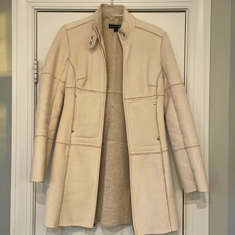 Bebe Faux Sheepskin Trench - XS - Cream/White